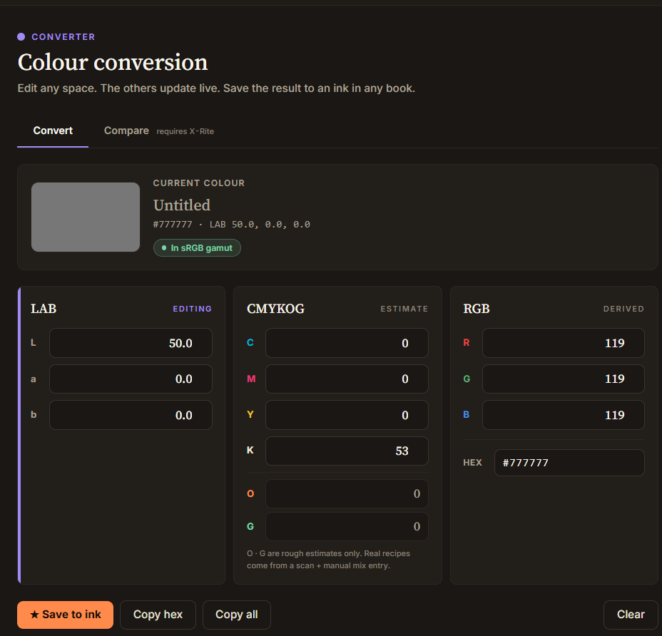 the LAB to CMYK/RGB colour converter, editing a colour in LAB space with the other colour spaces updating live