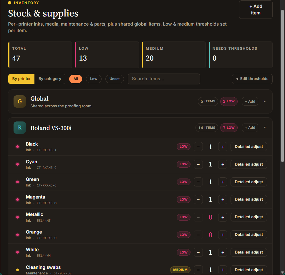 the stock and supplies view, showing per-printer ink and maintenance inventory with low-stock warnings