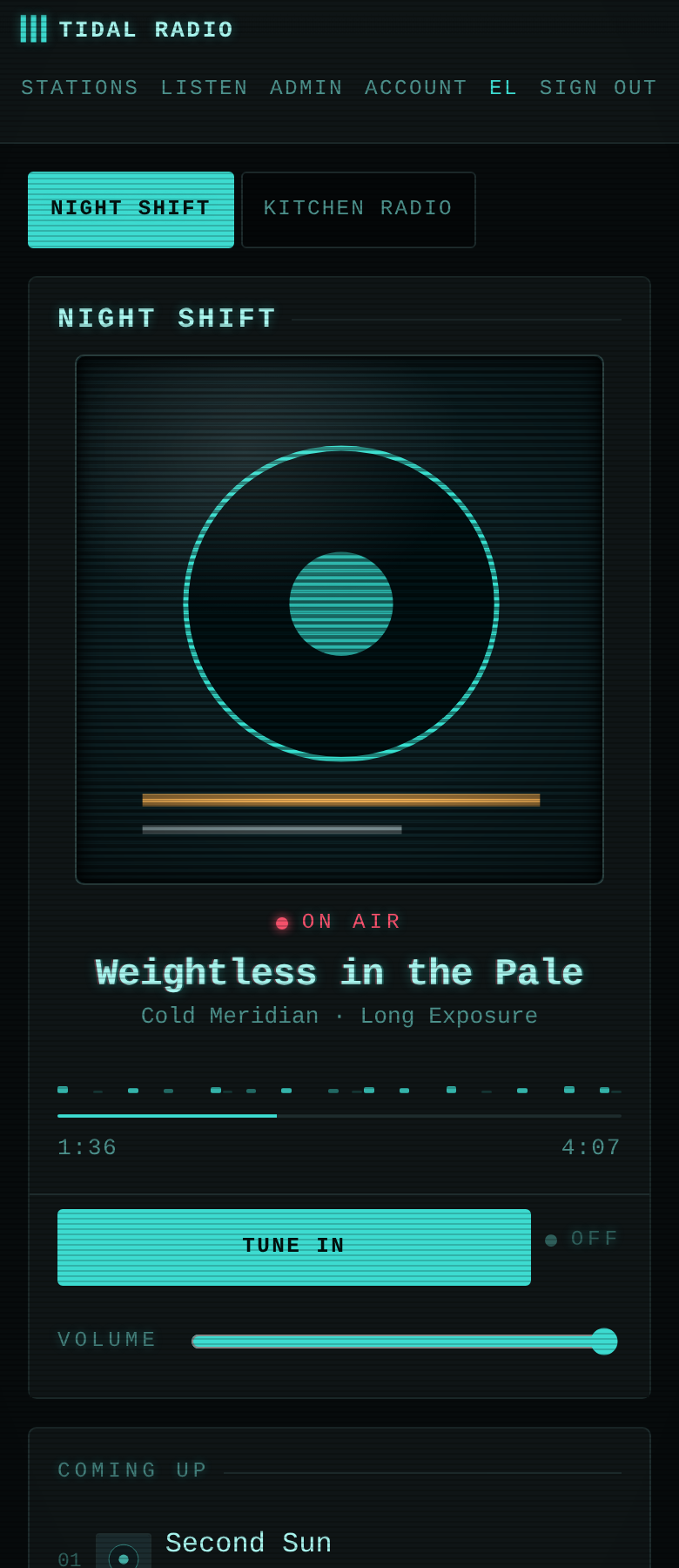 the tidal-radio listen page for a station called Night Shift, showing an on-air track, its progress, a tune-in button, volume slider, and the next track coming up